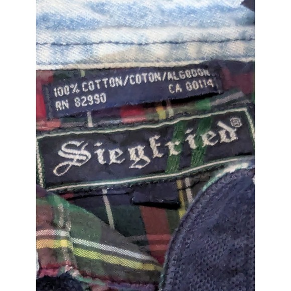 Vintage Siegfried Rugby Shirt Navy Blue Denim Collar Plaid Trim 90s Large XL - Picture 6 of 14
